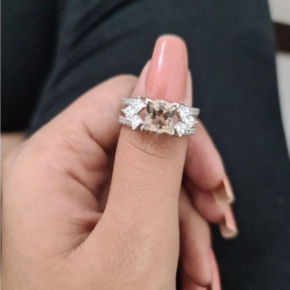 14K White Gold Guard Bridal Set 2 Ct whiskey Quartz Princess Cut Ring Set Sz 8 - Picture 3 of 12